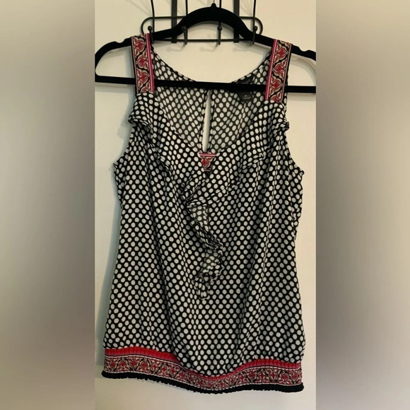 White House Black Market Womens Polka Dot Tank Medium Ruffle Front Keyhole Back - Picture 1 of 8